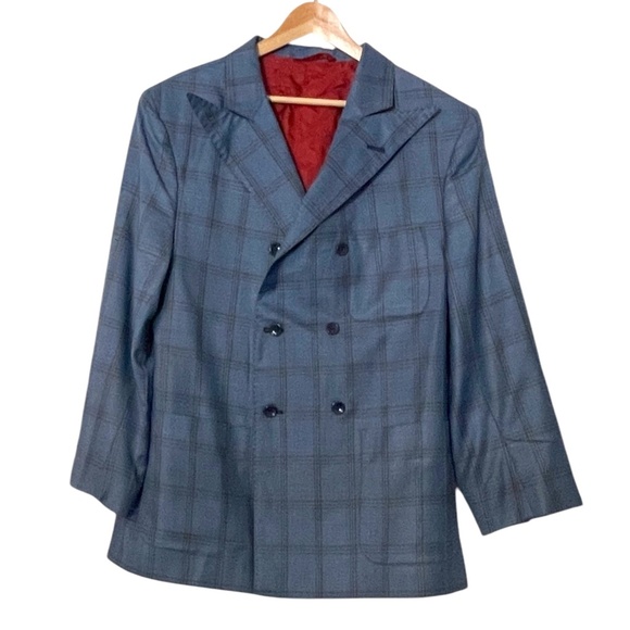 Adam Fashion Men's Windowpane Plaid Double Breasted 6Button Blue Suit 44L/38 NEW - Picture 3 of 11